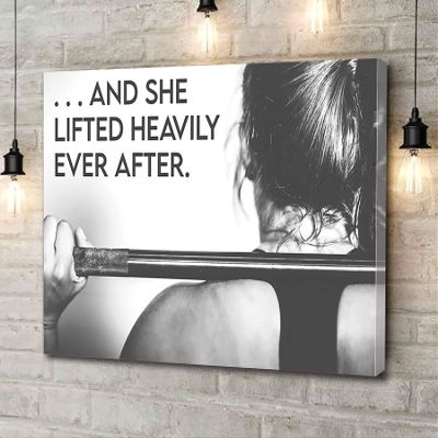 Canvas Wall Art Fitness And She Lifted Heavily Ever After Poster,Gym Lovers Poster Artwork Wall Art for Living Room Bedroom Bathroom Room Office Decor Framed 16''x24''