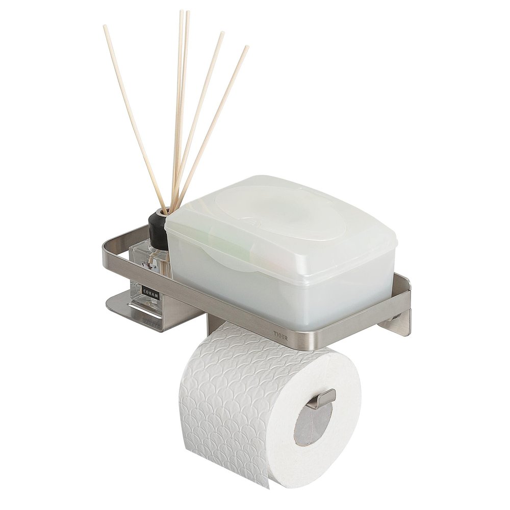 Tiger Caddy Toilet Roll Holder with Practical Shelf Stainless Steel Toilet Roll Holder with Shelf for Smartphone or Box for Wet Toilet Paper Colour: Brushed Stainless Steel