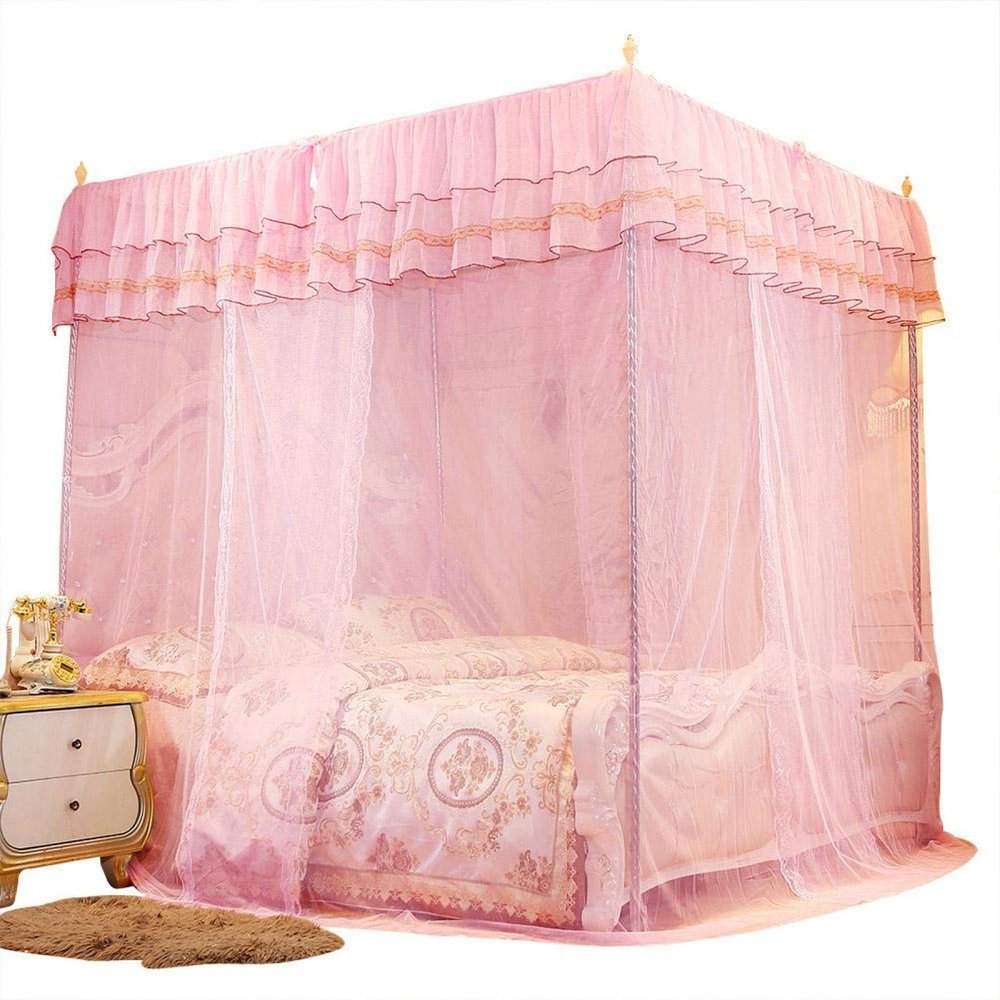 Cryfokt 4 Corners Post Canopy Bed Curtain, Luxury Princess Three Side Openings Post Bed Curtain Canopy Netting Net Bedroom Decoration Accessories(L)