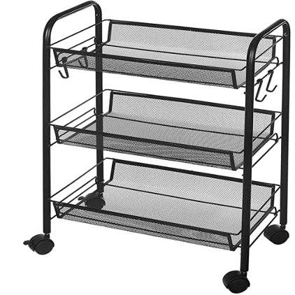 Urban Lifestyle 3 Tier Mesh All Purpose Utility Rolling Storage Cart, Black