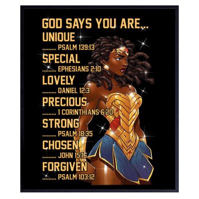 African American Woman - African American Wall Art for Girls - God Says You Are - Christian Wall Decor - Bible Verses - Black Art - Religious Gifts for Women - Inspirational Motivational Unframed