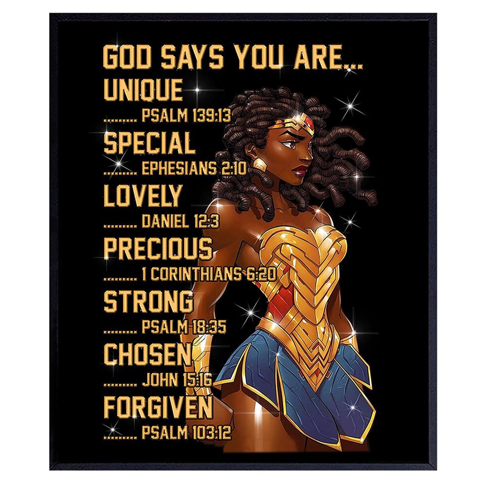 African American Woman - African American Wall Art for Girls - God Says You Are - Christian Wall Decor - Bible Verses - Black Art - Religious Gifts for Women - Inspirational Motivational Unframed