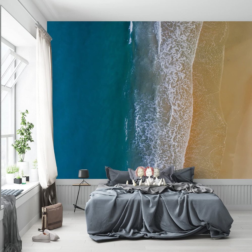 Niwo ART - Sandy Beach Ocean Waves Aerial View, Removable Wall Mural | Self-Adhesive Large Wallpaper (64"x96")