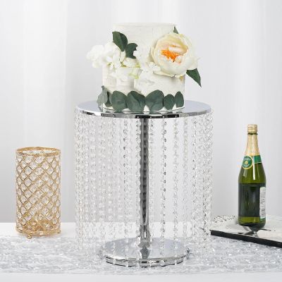 16'' Metal Crystal Cake Stand Cake Holder Cupcake Stand Dessert Tower Wedding Party Display with Acrylic Chains - Silver