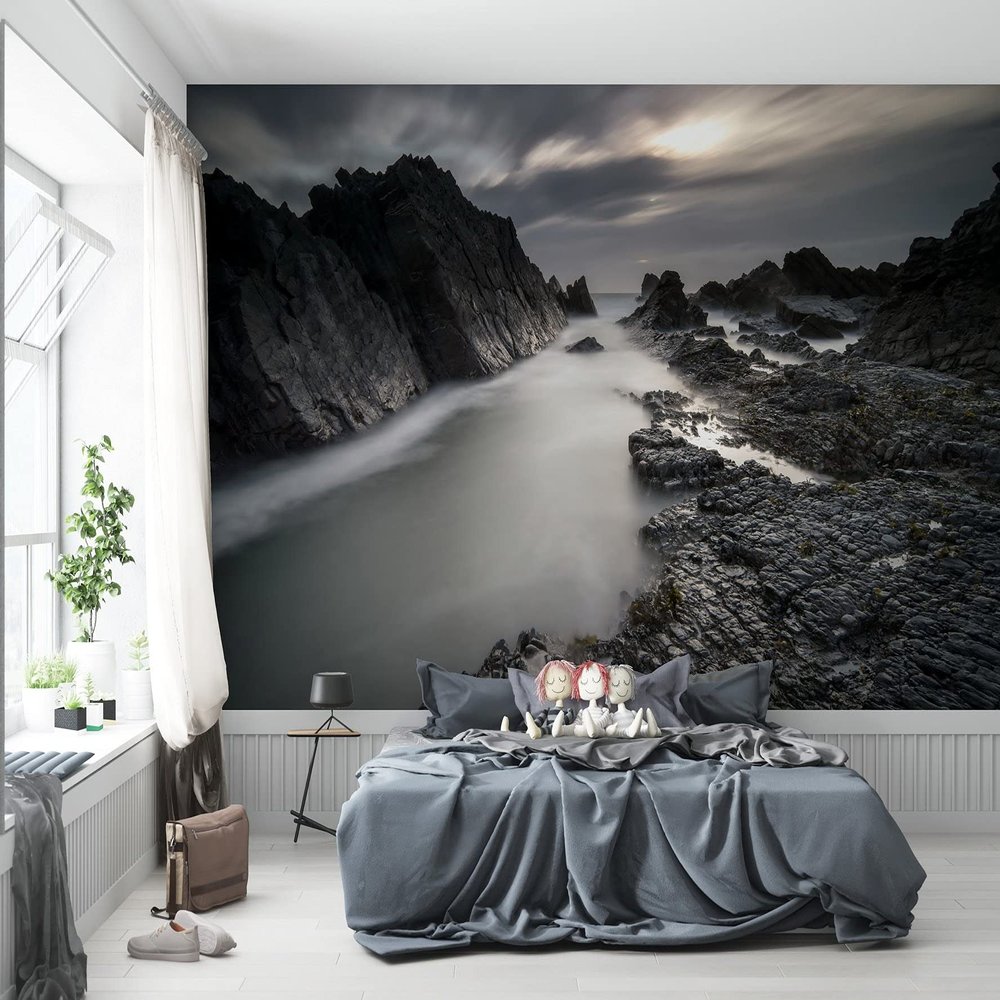 Niwo ART - Rugged Coastline Black And White, Removable Wall Mural | Self-Adhesive Large Wallpaper (64"x96")