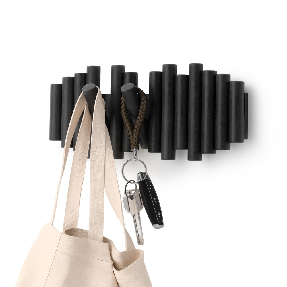 Umbra Picket Wall-Mounted Coat Rack Rail Hook with 5 Retractable Wood Pegs  Modern, Space-Saving Storage Organizer, Black