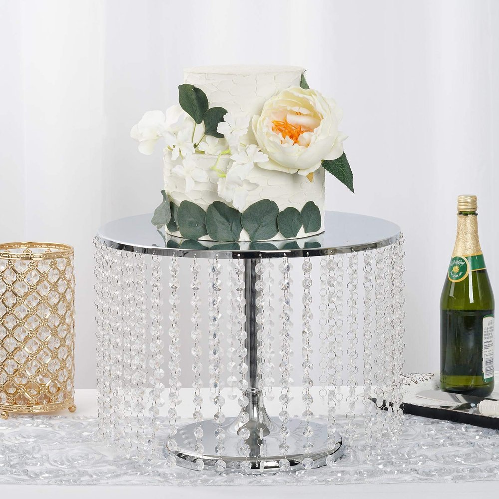 12'' Metal Crystal Cake Stand Cake Holder Cupcake Stand Dessert Tower Wedding Party Display with Acrylic Chains - Silver