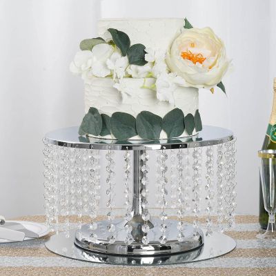 8'' Metal Crystal Cake Stand Cake Holder Cupcake Stand Dessert Tower Wedding Party Display with Acrylic Chains - Silver