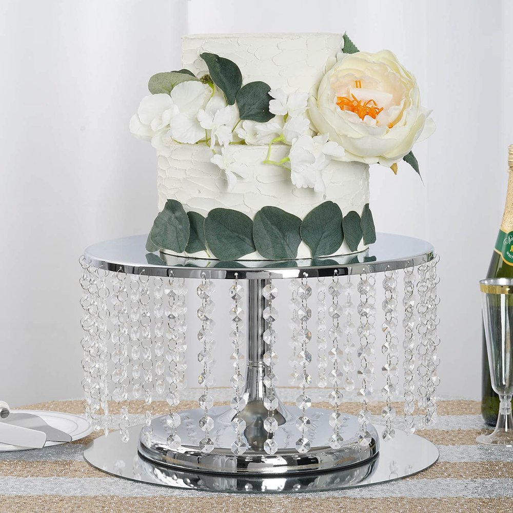 8'' Metal Crystal Cake Stand Cake Holder Cupcake Stand Dessert Tower Wedding Party Display with Acrylic Chains - Silver
