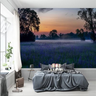 Niwo ART - Morning Mist Flowers Field, Removable Wall Mural | Self-Adhesive Large Wallpaper (96"x144")