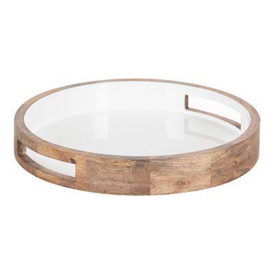 Kate and Laurel Ehrens Boho Wood Tray, 15 Inch Diameter, Natural and White, Round Accent Tray for Transitional Decor