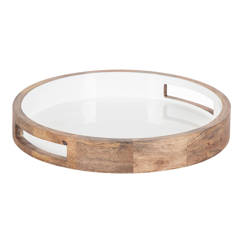 Kate and Laurel Ehrens Boho Wood Tray, 15 Inch Diameter, Natural and White, Round Accent Tray for Transitional Decor