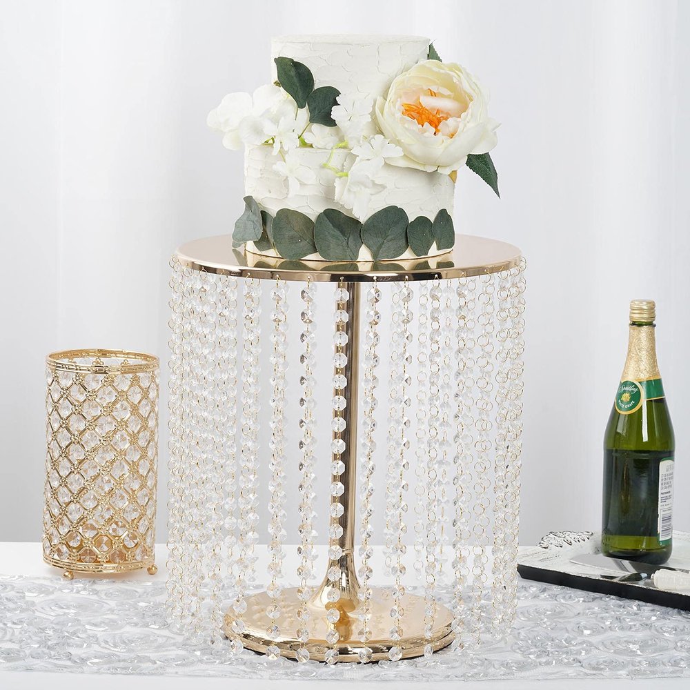 16'' Metal Crystal Cake Stand Cake Holder Cupcake Stand Dessert Tower Wedding Party Display with Acrylic Chains - Gold