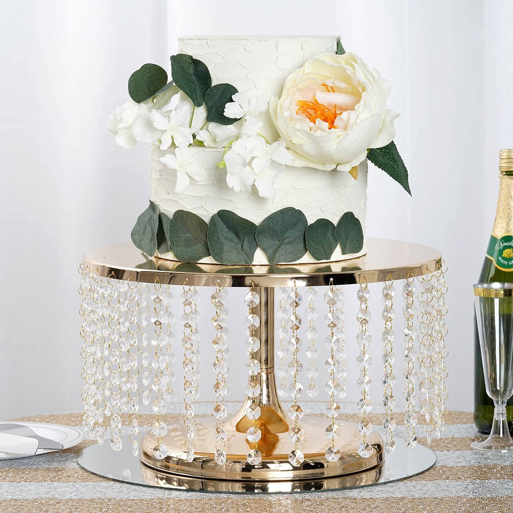 8'' Metal Crystal Cake Stand Cake Holder Cupcake Stand Dessert Tower Wedding Party Display with Acrylic Chains - Gold