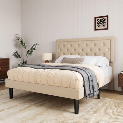 Allewie Full Size Button Tufted/Fabric Upholstered Bed Frame with Adjustable Headboard/Wood Slat Support/Mattress Foundation/Beige