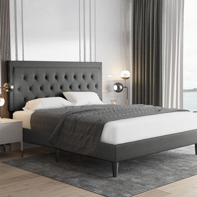 Allewie Full Size Button Tufted Platform/Fabric Upholstered Bed Frame with Adjustable Headboard/Wood Slat Support/Mattress Foundation/Dark Grey (Full)