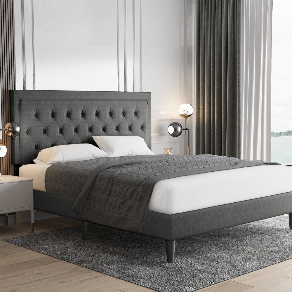 Allewie Full Size Button Tufted Platform/Fabric Upholstered Bed Frame with Adjustable Headboard/Wood Slat Support/Mattress Foundation/Dark Grey (Full)