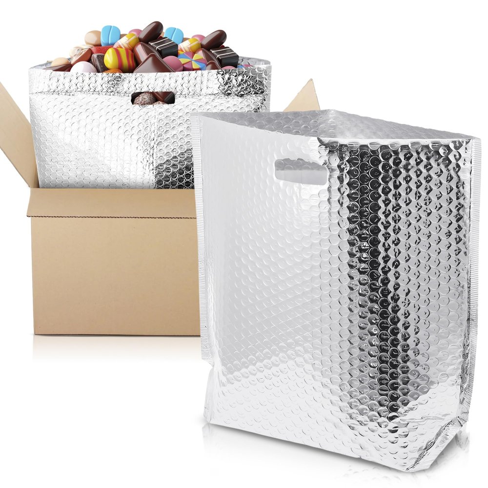 APQ Insulated Foil Bag With Handles, 6 x 6 x 6 Inches. 10 Pack Thermal Bags for Frozen Food. Metallized Foil Box Liners With Bubble Cushion. Shipping Bags for Food, Cosmetics