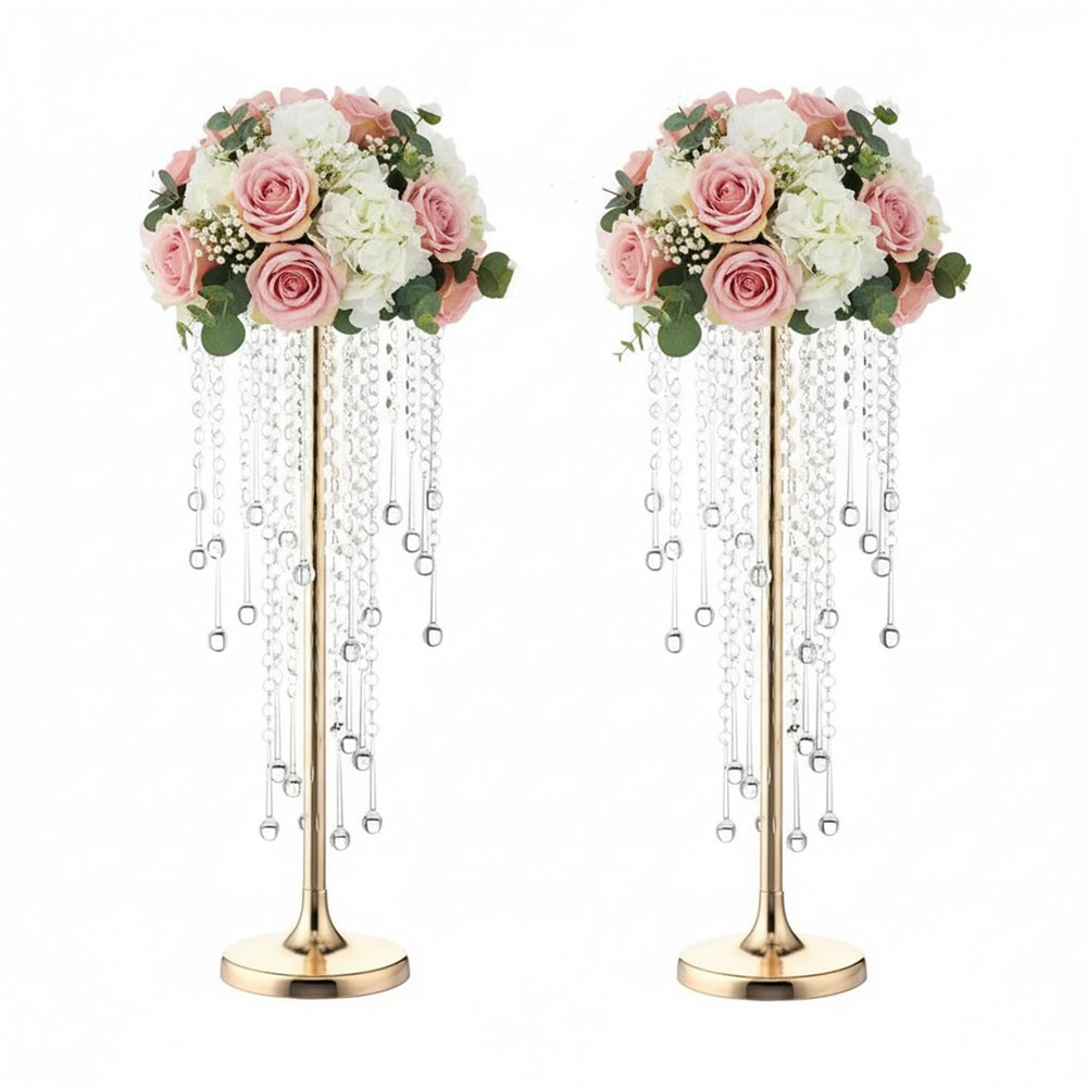 21.6in Beaded Crystal Flower Stands for Centerpieces, Golden Flower Holders Road Leading Candle Holders, Elegant Flower Vases for Home Party Anniversary Christmas Wedding Decorations