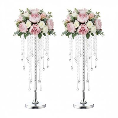 21.6in Silver Wedding Centerpiece Stands, 2pcs of Metal Flower Holders, Elegant Flower Vases with Crystal Pendants for Reception Table Wedding Anniversary Party Event Home Dcor