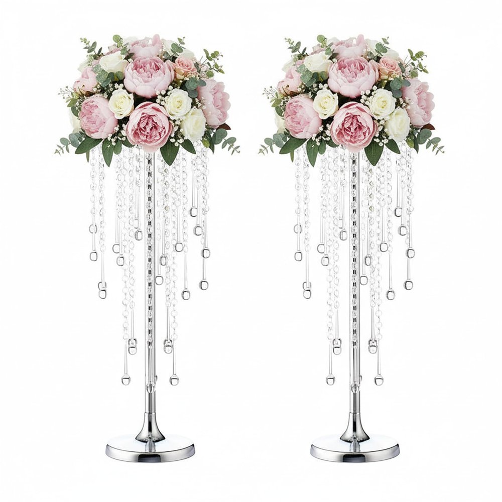 21.6in Silver Wedding Centerpiece Stands, 2pcs of Metal Flower Holders, Elegant Flower Vases with Crystal Pendants for Reception Table Wedding Anniversary Party Event Home Dcor