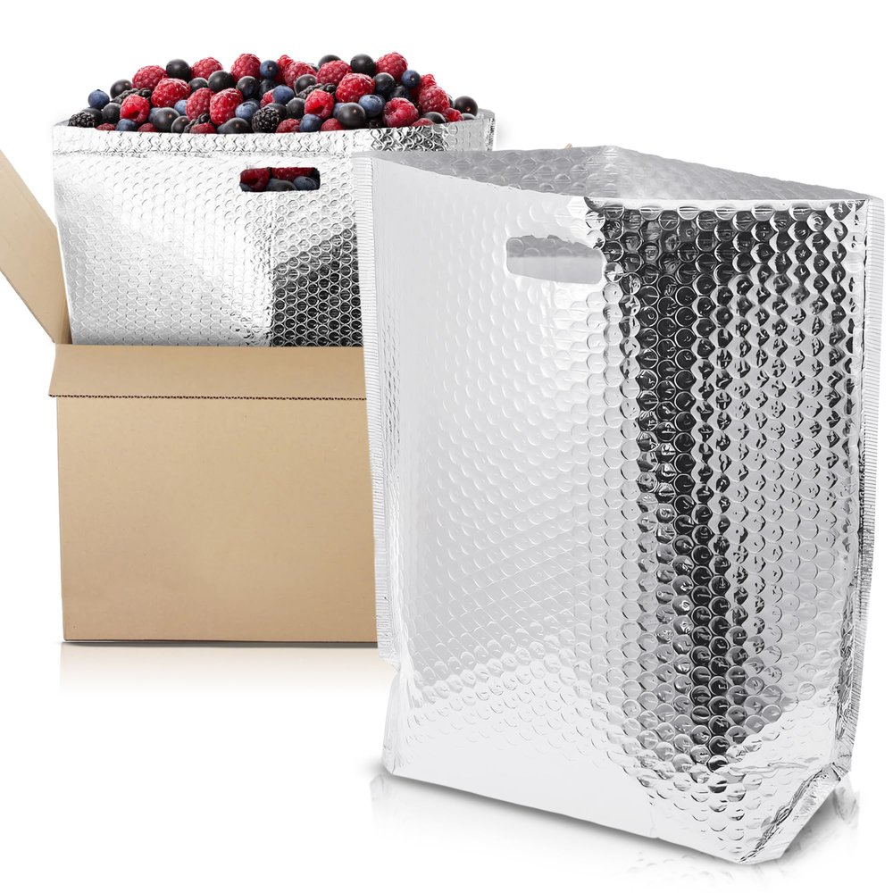 APQ Insulated Foil Bag with Handles, 11 x 8.5 x 5.5 Inches. 5 Pack Thermal Bags for Frozen Food. Metallized Foil Insulated Box Liners with Bubble Cushion. Insulated Shipping Bags for Food, Cosmetics