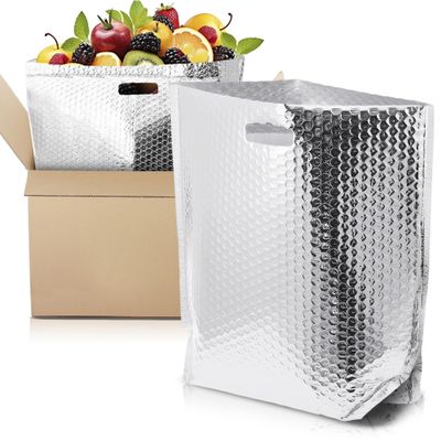 APQ Insulated Foil Bag With Handles, 12 x 10 x 9 Inches. 5 Pack Thermal Bags for Frozen Food. Metallized Foil Box Liners With Bubble Cushion. Shipping Bags for Food, Cosmetics
