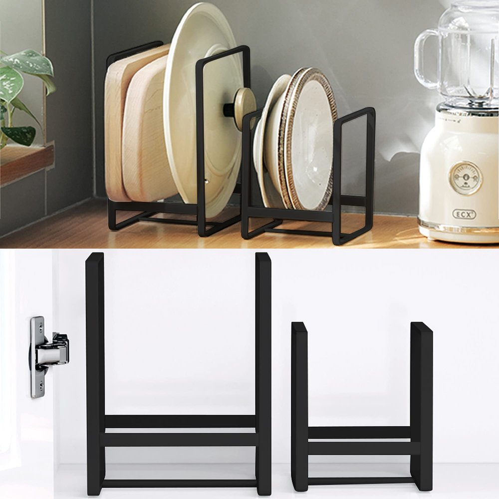 4PCS Plate Holders Organizer, Metal Dish Storage Dying Display Rack for Cabinet, Counter and Cupboard - Black 2 Small and 2 Large
