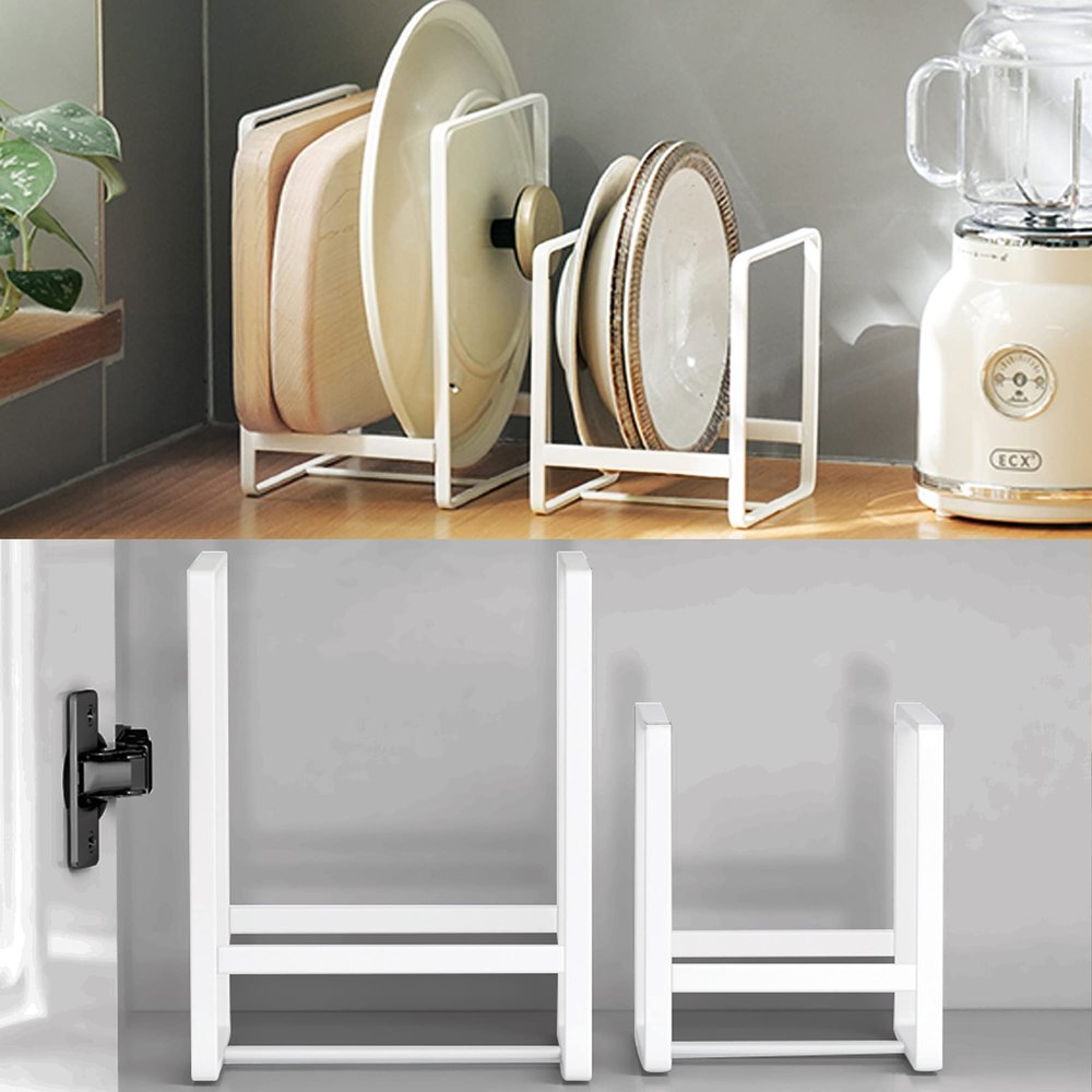 4PCS Plate Holders Organizer, Metal Dish Storage Dying Display Rack for Cabinet, Counter and Cupboard - White 2 Small and 2 Large
