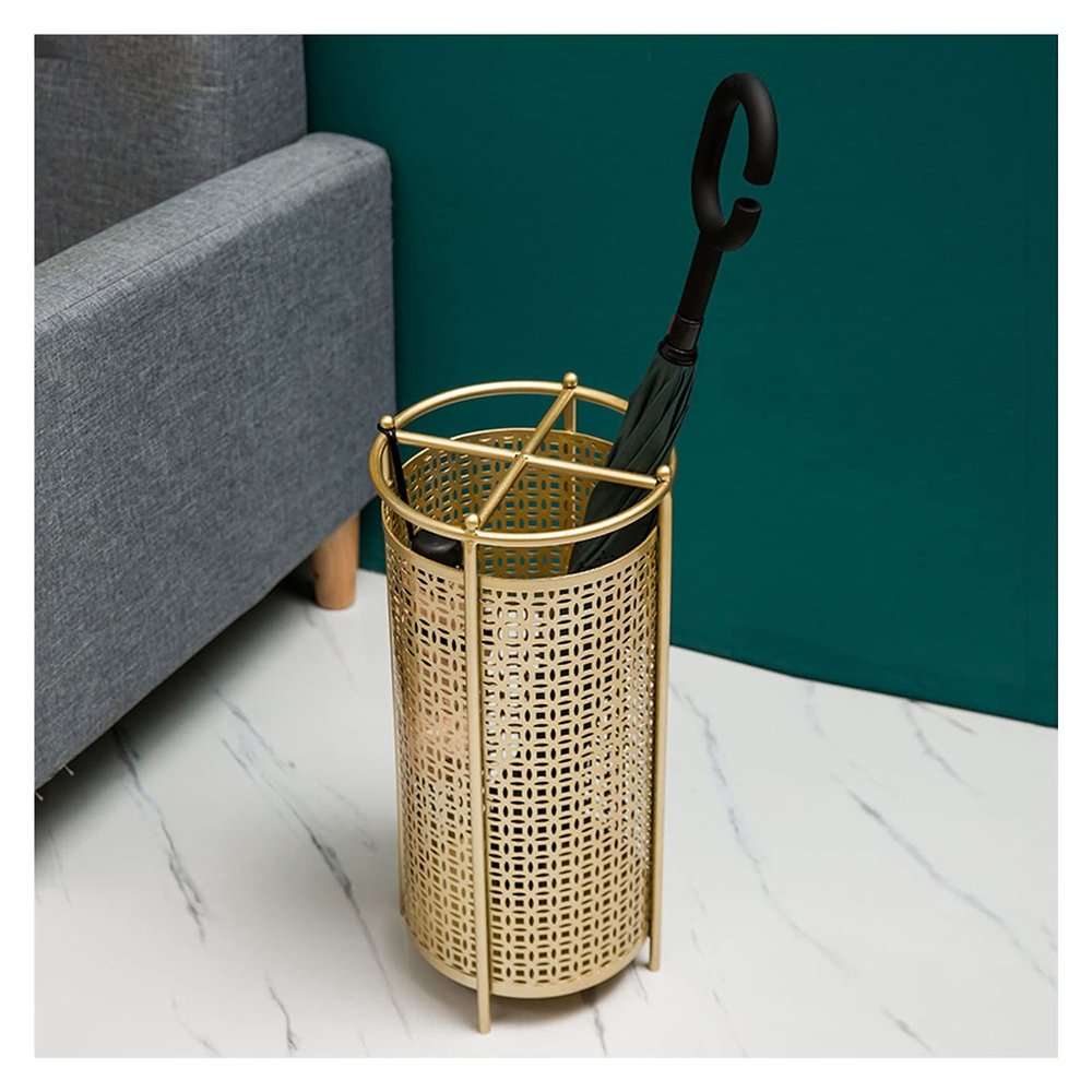 Umbrella Racks Golden Umbrella Stand Holder, Modern Metal Umbrella Basket with 4 Hooks in The Hotel Cafe, Saving Space, Can Hold 12-16 Umbrellas