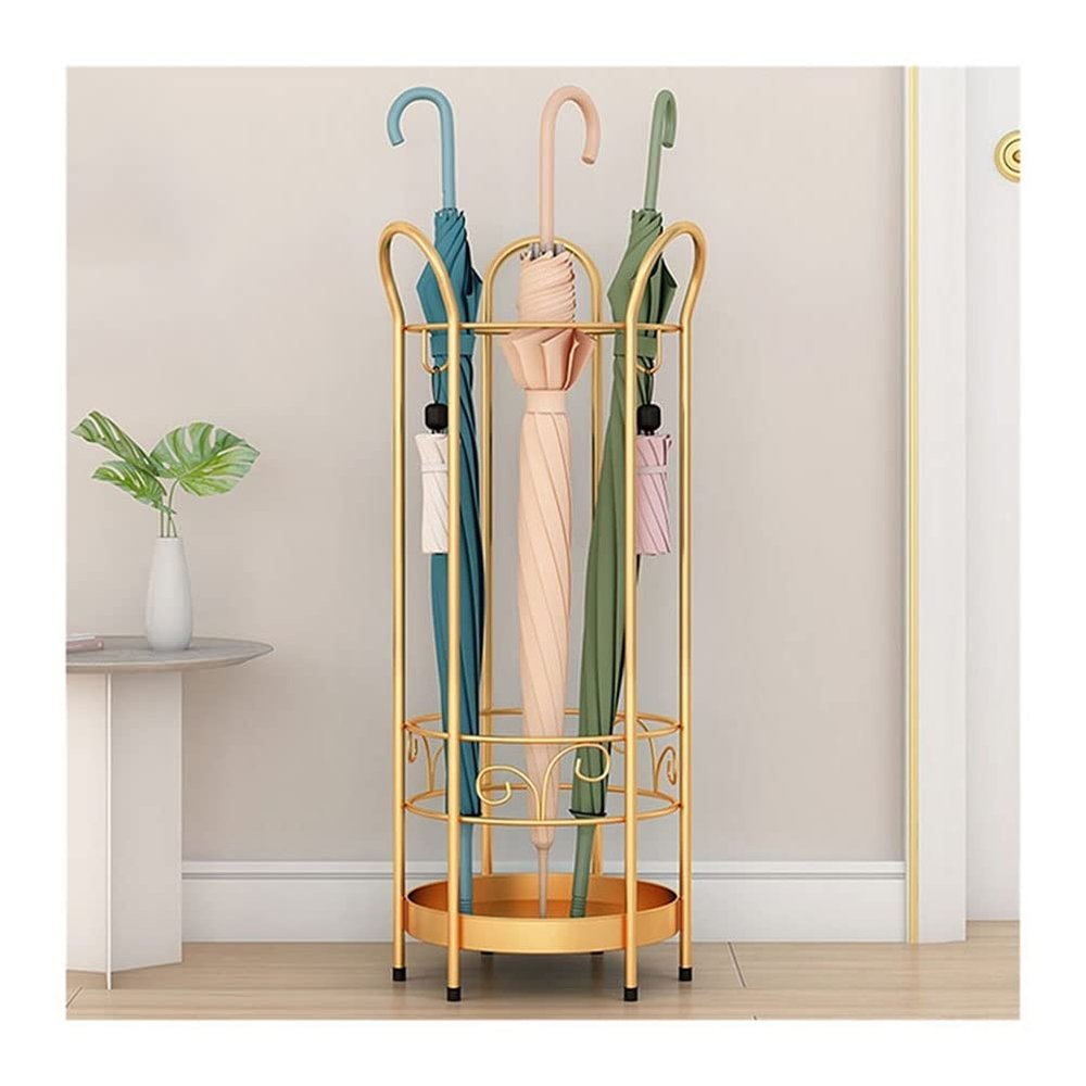 Umbrella Racks Golden Metal Umbrella Stand Holder, Decorative Umbrella Basket at The Entrance of The Hotel Cafe, Hollow Umbrella Bucket with 4 Hooks