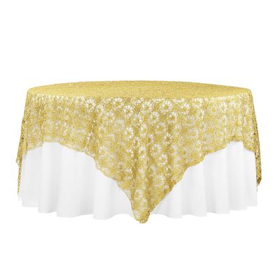 Gold Chemical Lace Square Table Overlay - 90" x 90" (1 Pc.) - Perfect for Weddings & Special Events