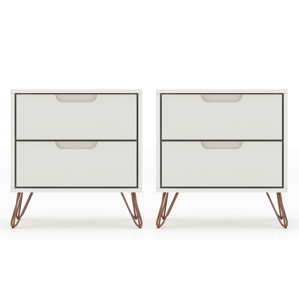 Manhattan Comfort Rockefeller Nightstands Set of 2, Mid Century Modern Bedside Table with Drawers, Minimalist Display and Storage Organizer, Ideal for Bedroom and Living Room, Off-White