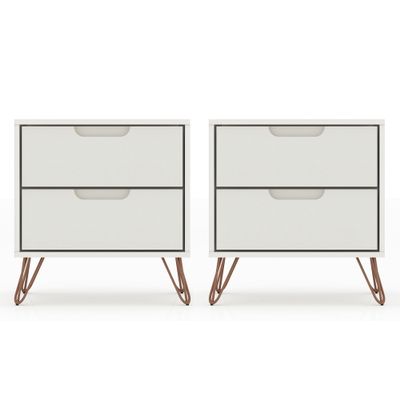 Manhattan Comfort Rockefeller Nightstands Set of 2, Mid Century Modern Bedside Table with Drawers, Minimalist Display and Storage Organizer, Ideal for Bedroom and Living Room, Off-White
