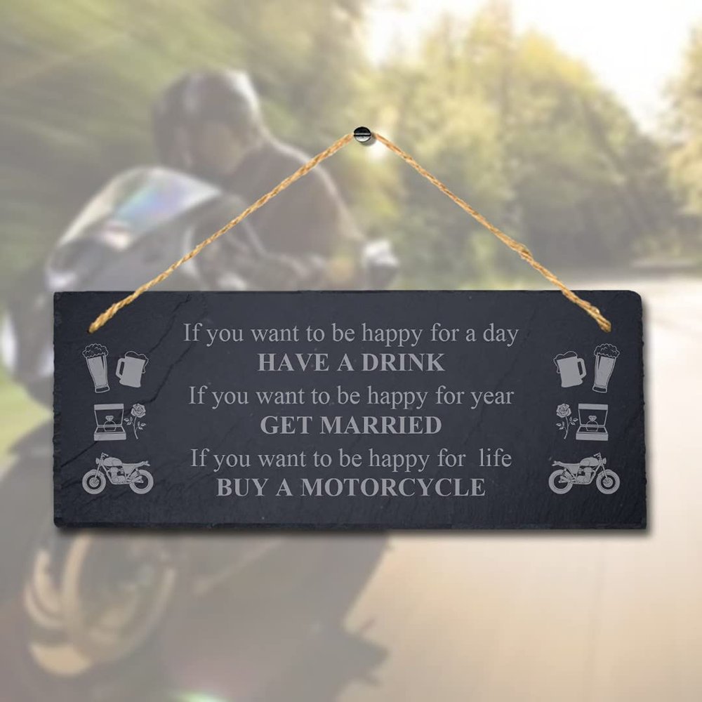 Stukk Bike Four Wheels Move Body Two Soul Listening Riding Bikers Laser Hanging Shed Sign (If You Want to Be Happy D2), Natural Engraved Slate Stone Plaque, 30x12cm (Large)