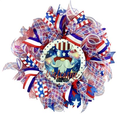 Artisan Patriotic Gnome Welcome Red White and Blue Wreath for Front Door Outside, Independence Day, July 4th Decorations