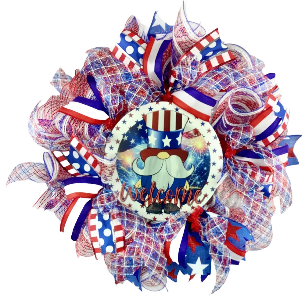 Artisan Patriotic Gnome Welcome Red White and Blue Wreath for Front Door Outside, Independence Day, July 4th Decorations