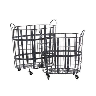 Deco 79 Metal Decorative and Functional Storage Basket Wire Grid Basket Organizer with Wheels and Handles, Set of 2 Basket for Storage 25", 22"H, Black