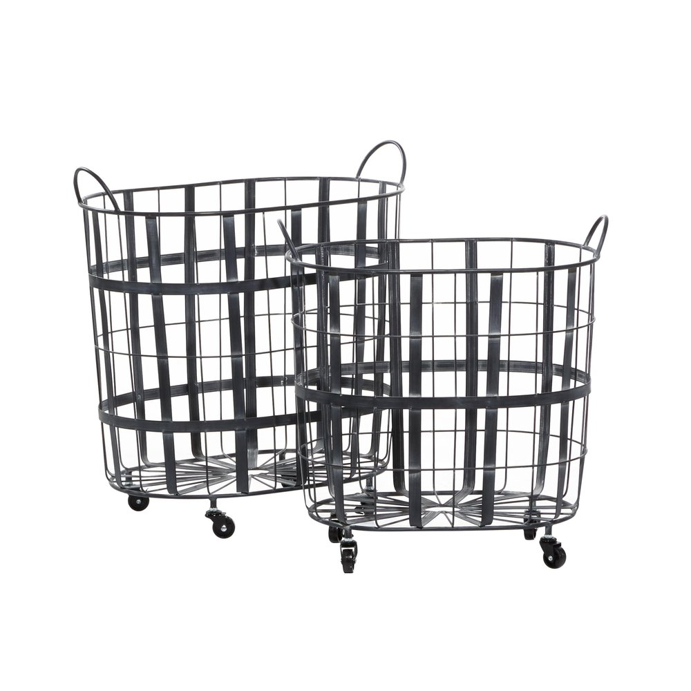 Deco 79 Metal Decorative and Functional Storage Basket Wire Grid Basket Organizer with Wheels and Handles, Set of 2 Basket for Storage 25", 22"H, Black