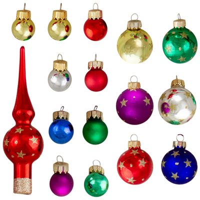 16-Piece Assorted Glass Ball Christmas Ornaments with Tree Topper - Multi-Color