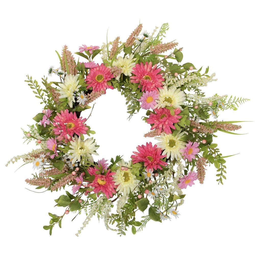 Chrysanthemum and Berry Floral Spring Wreath Pink and Yellow 23"