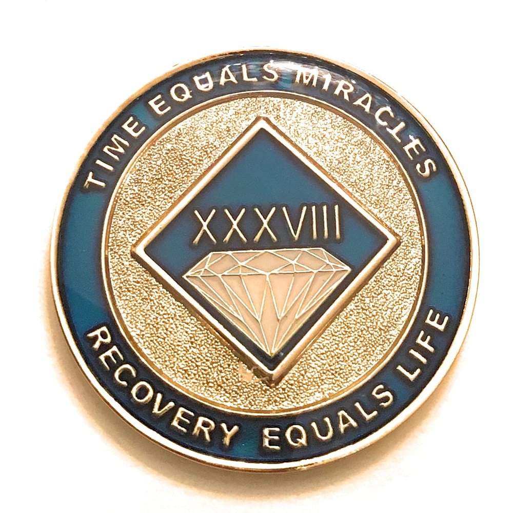 38 Year NA Blue & Gold Diamond Style Recovery, Clean, Medallion, Chip, Coin, Token