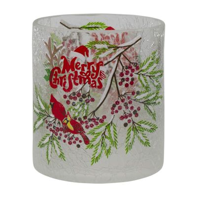 8" Hand Painted Christmas Cardinal and Pine Flameless Glass Christmas Candle Holder