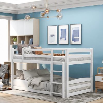 Twin Over Twin Bed, Solid Wood Low Bunk Bed with Guard Rail and Built-in Ladder for Kids and Teens, Can be Separable, No Box Spring Needed (White)
