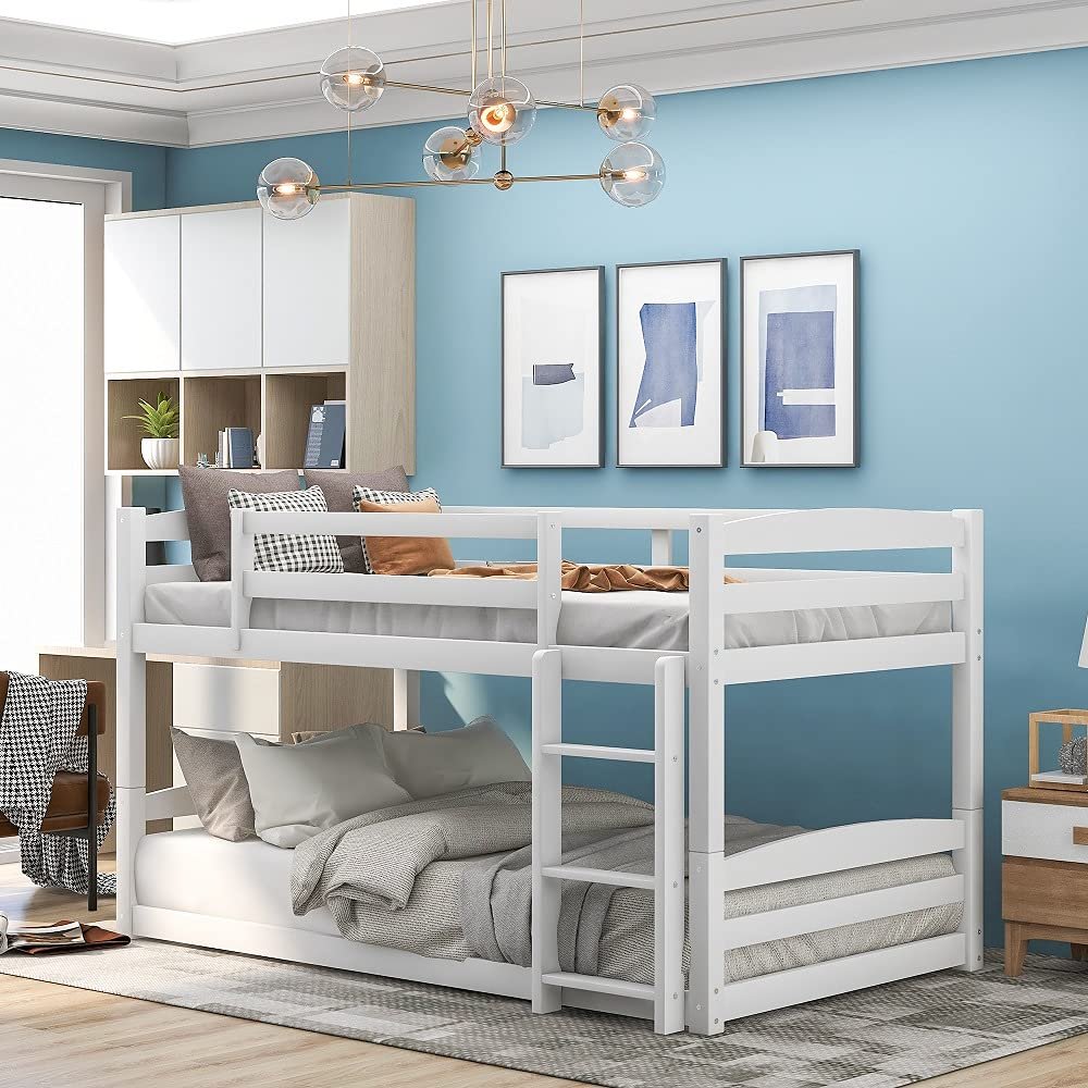 Twin Over Twin Bed, Solid Wood Low Bunk Bed with Guard Rail and Built-in Ladder for Kids and Teens, Can be Separable, No Box Spring Needed (White)