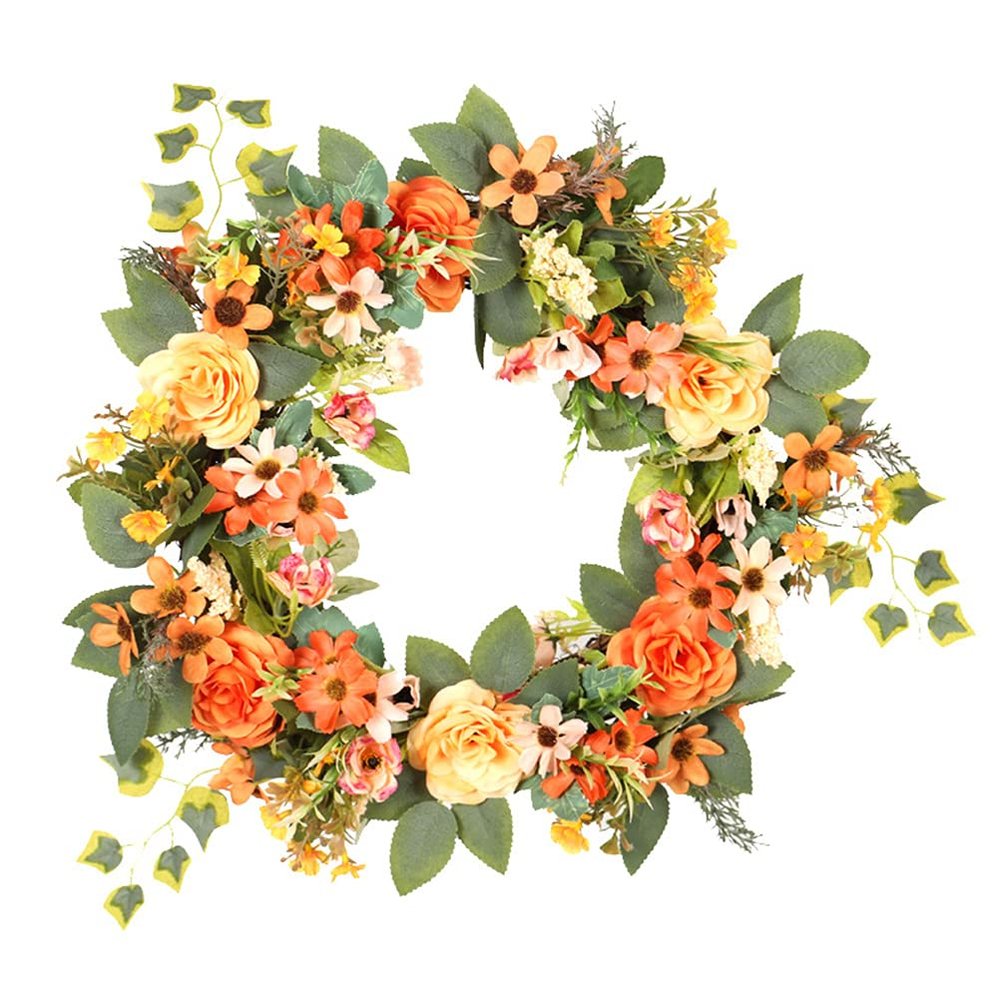 1pc Garland Decoration Daisies Wreath Floral Hoop Wreath Summer Floral Wedding Decorative Simulated Leaves Garland Wedding Door Hanging Rose Wooden Baby