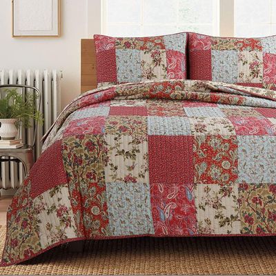 3-Piece Country Floral Paisley Red Blue Khaki Patchwork Cotton Queen Quilt Bedding Set by Cozy Line Home Fashions
