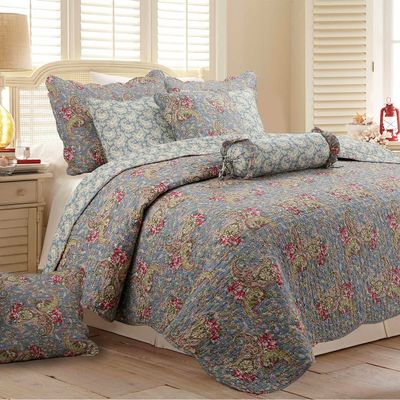 3-Piece Cotton King Quilt Bedding Set, French Floral Country Cottage Blue Scalloped Provence Garden Lightweight Reversible Coverlet Bedspread for All Season