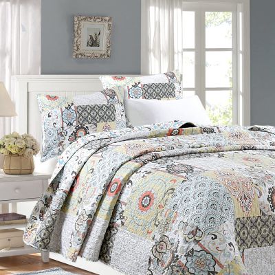 Cozy Line Home Fashions Modern Floral Gray Yellow Coral Aqua Blue Microfiber Reversible Bedding Quilt Set, Coverlet, Bedspread with Dcor Pillows (Moorea, Queen - 6 Piece)