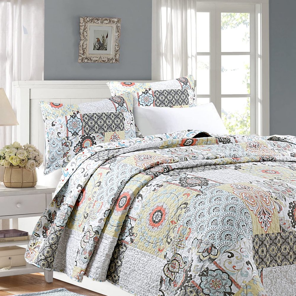 Cozy Line Home Fashions Modern Floral Gray Yellow Coral Aqua Blue Microfiber Reversible Bedding Quilt Set, Coverlet, Bedspread with Dcor Pillows (Moorea, Queen - 6 Piece)